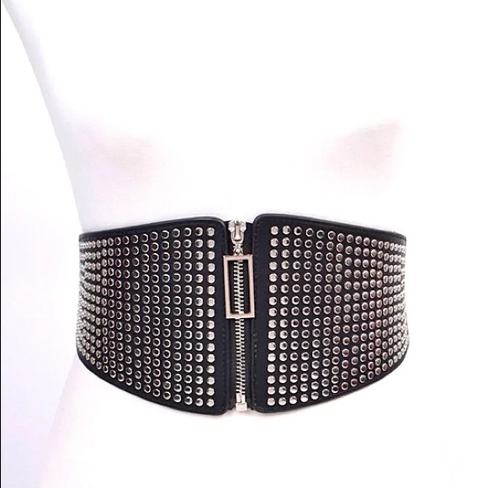 Black Leather Wide Elastic Studded Waist Statement Belt